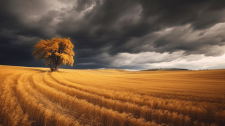 Fall in love with the charm of rural living as a solitary tree adds character to the picturesque landscape of a wheat fieldの素材