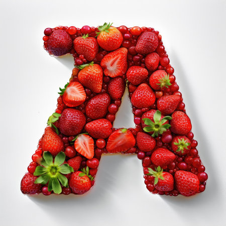 letter A made entirely of red and luscious strawberry slices, giving a charming and whimsical text effect that transports you to a strawberry field on a sunny dayの素材