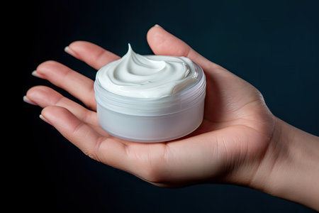 Celebrate the elegance of femininity with this close-up capturing a female hand embracing the concept of beauty, as it holds a luscious cream for enhanced radianceの素材