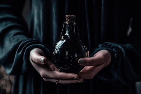 Experience the allure of obsidian elegance as a close-up captures a female hand delicately holding a black glass bottle, exuding sophistication, mystery, and timeless beautyの素材