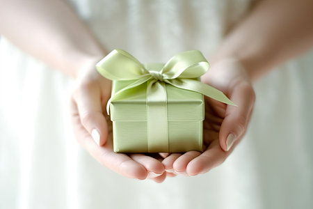 Step into a realm of enchantment and anticipation with this close-up image, featuring a female hand tenderly embracing a green gift box, ready to reveal magical surprisesの素材