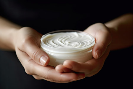 Witness the journey to radiant skin unfold through this close-up image of a female hand gracefully applying a potent beauty cream for a glowing complexionの素材