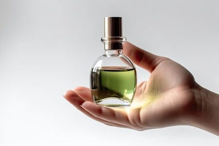 Immerse yourself in a radiant glow with this close-up image, showcasing a female hand firmly grasping a luminous cosmetic bottle, offering a dewy and luminous complexionの素材