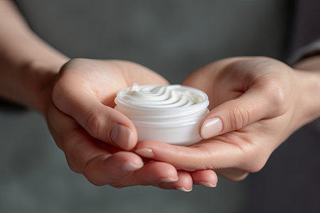 Photo pour Embark on a journey of captivating care as this close-up image reveals a female hand gently nourishing the skin with a sumptuous beauty cream - image libre de droit