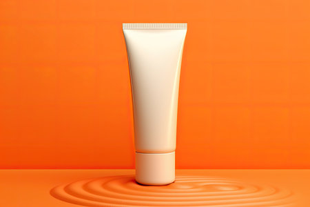 Highlight product details with a crisp contrast using a white cosmetic tube cream mockup on a bold orange backgroundの素材