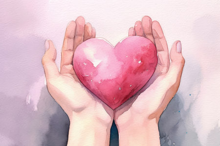 Symbolize warmth and compassion with a touching watercolor illustration of a hand holding a pink heart, depicting love in handの素材