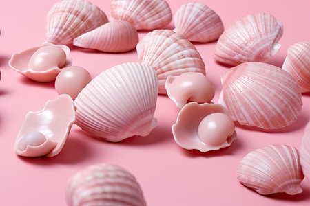 Embark on a beachcombing adventure with sea shells resting on a vibrant pink background, uncovering the exquisite beauty of the oceanの素材