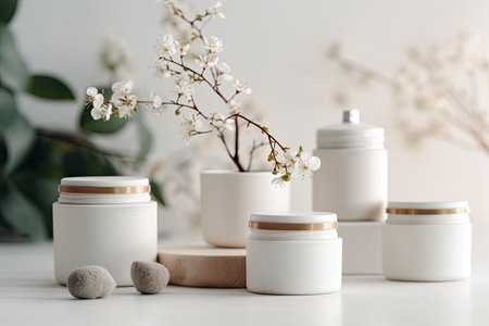 Immerse yourself in wholesome tranquility with skin care products adorning white jars on a serene white background, offering a sanctuary of wellness for your skinの素材