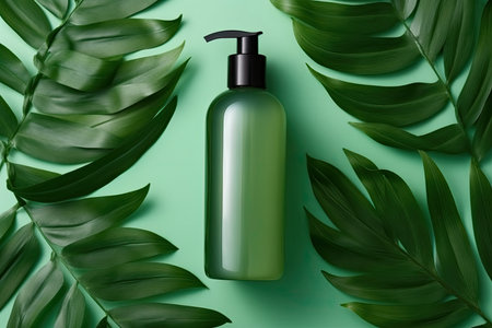 Experience the natural enrichment of your hair with organic hair care products featuring green leaves on a green background, infused with nutrient-rich organic ingredientsの素材