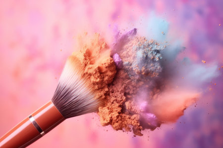 Witness a dynamic fusion of hues as colorful powder merges and crashes in a close-up of a blush brush, a vibrant spectacleの素材