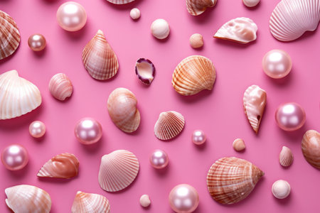 Transport yourself to a serene coastal escape, where pink sands meet delicate sea shells resting on a soothing pink backgroundの素材