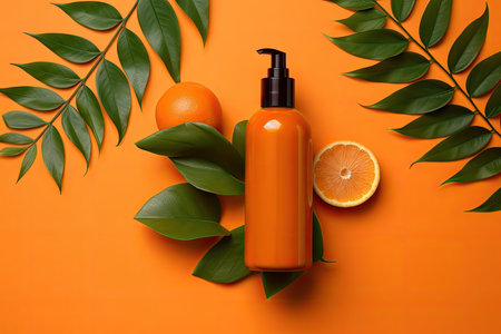 Revitalize your hair with vibrancy using organic hair care products adorned with green leaves on an orange background, energizing your hair with natural vitalityの素材