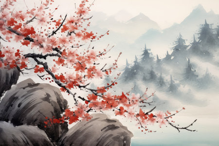 Experience the delicate whispers of spring with oriental cherry blossom branches and petals gracefully dancing on the wind, capturing the essence of renewal and beautyの素材