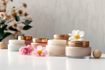 Immerse yourself in a white symphony of skin care products showcased in white jars on a harmonious white background, harmonizing your skin's natural beauty and radianceの素材