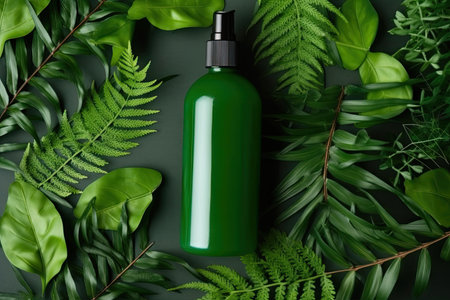 Immerse yourself in nature's palette and embrace organic beauty care with products on a serene and calming green backdropの素材