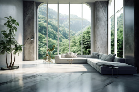 Discover the harmony between nature and modern design in a living room that embraces the beauty of a lush tropical forestの素材