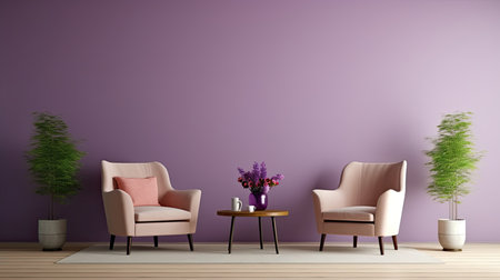 Immerse yourself in the enchanting beauty of warm purple tones in your living room, accompanied by a cozy reclining chairの素材