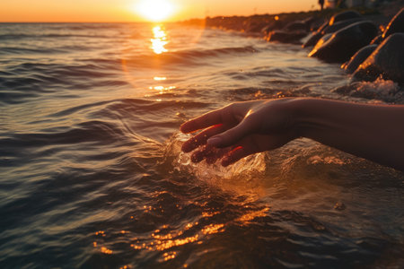 Experience a moment of serenity as a woman's hand delicately touches the invigorating embrace of sea waterの素材