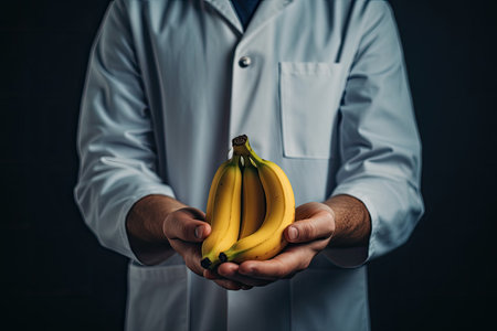 A male doctor, against a vibrant backdrop, holds a banana, spreading awareness about its superfood status and its contribution to overall healthの素材