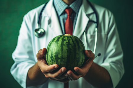 In this image, a male doctor holds a juicy watermelon slice, capturing the essence of summer and promoting the fruit's hydrating and nutritional valueの素材