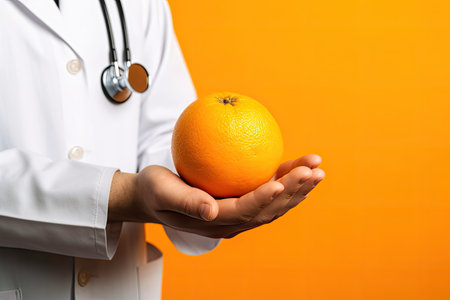 A close-up shot of a male doctor confidently holding an orange, emphasizing its high vitamin C content and immune-boosting propertiesの素材