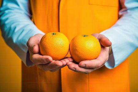 A close-up shot captures a male doctor holding an orange, showcasing its rich vitamin content and antioxidants, promoting a healthy lifestyleの素材