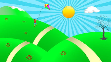 Illustration of beautiful sunny day in nature with happy child running aroundのイラスト素材