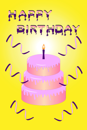 Pink cake with candle and letters saying happy birthday on yellow backgroundのイラスト素材
