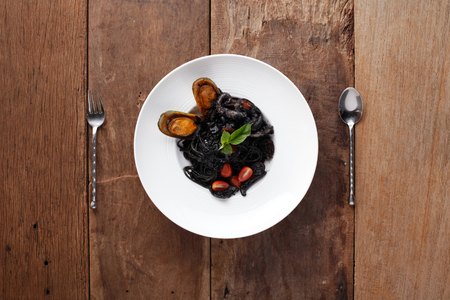 Black spaghetti with seafood,Ready to eat. On The Tableの写真素材