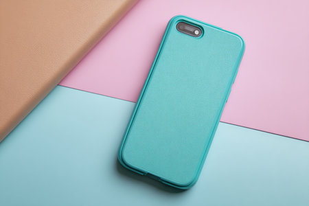 Close-up shot of a turquoise smartphone with a textured case placed on a split-color background in soft pastel tones of pink, blue, and beige. The clean and modern aesthetic makes it ideal for advertising mobile accessories, minimalist product showcases, or tech-themed visualsの素材