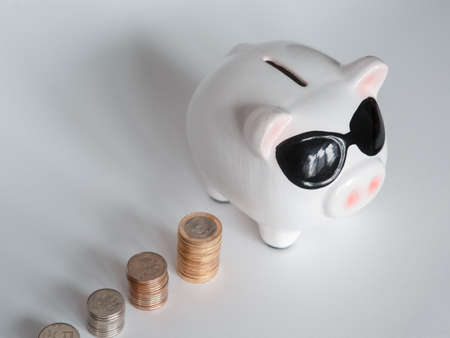 financial savings for a dignified life. piggy bank on a white background. coinsの写真素材