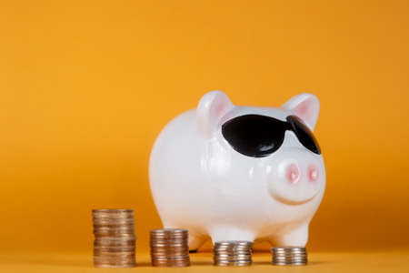 financial savings for a good life. piggy bank and coins yellow backgroundの写真素材