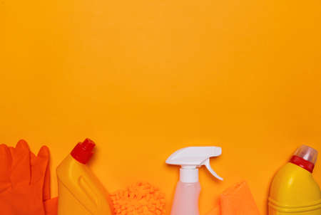 means for cleaning the house on a yellow background. place for text.の写真素材
