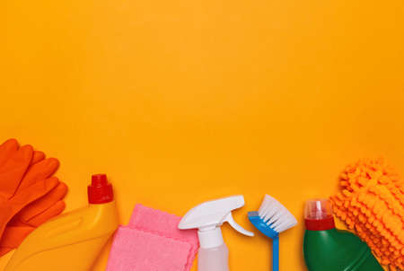 means for cleaning the house on a yellow background. place for text.の写真素材