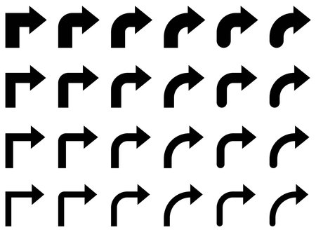 Monochrome bending arrow, L turn arrow vector illustration setのイラスト素材