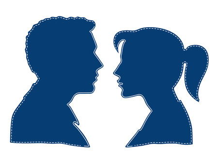 Silhouette of the head of man and woman face to face, and linear and dashed stroke inside, isolated on white background.のイラスト素材
