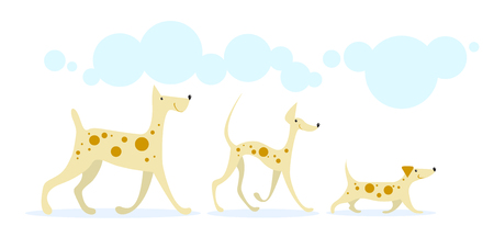 Three smiling cheerful dogs golden color in red spots running under the blue clouds. On a white backgroundのイラスト素材