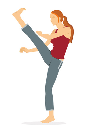 The barefoot girl performs a complex of capoeira movements: a panther, swing forward. Isolated on white backgroundのイラスト素材