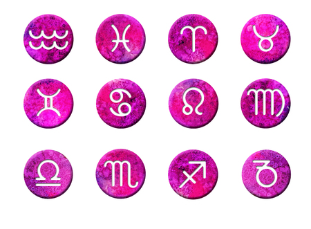 Set of simple stroke zodiac signs on watercolor vector circles background.  Bright, colorful round shapes blue. Isolated on white backgroundの写真素材