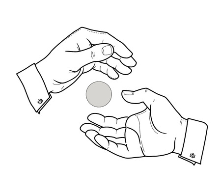 Two male hands on a white background. Shifts from hand to hand. Line drawing. Vector. Isolated on white backgroundのイラスト素材