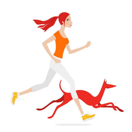 Illustration of a beautiful girl running next to a red dog on a white background. Vector illustration.のイラスト素材