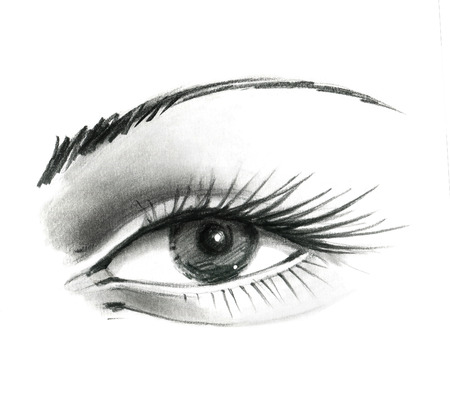 Mysteriously beautiful woman's eye with delicately curved eyelashes and an eyebrow. Graphic drawing with slate pencil. Isolated on white background.の写真素材
