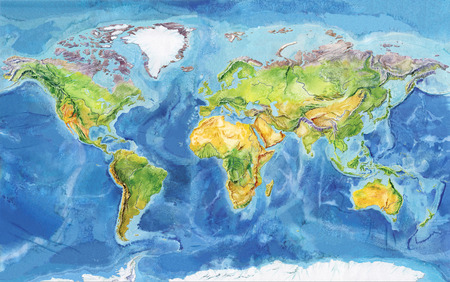 Watercolor geographical map of the world. Physical map of the world. Europe, Asia, Africa,...