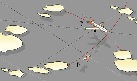 Air battle. Three aircraft in flight, in a peak and in a bend among the clouds and lines of the...