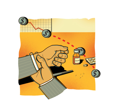 Financial risks. Falling stock indices. A man in a suit checks his hand with a pulse. Medicines and tablets on the table.の写真素材