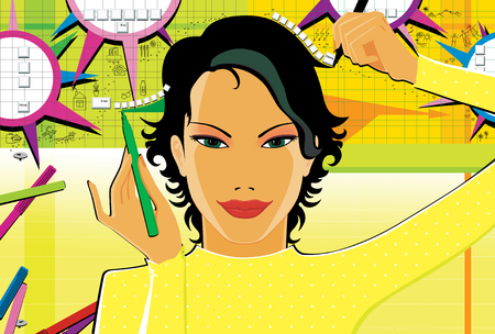 The dark-haired girl writes and draws texts with two hands to improve brain function and memory development on yellow green background. Map of the brain, healthy lifestyle, buttons of the keyboard. Neural network. の写真素材