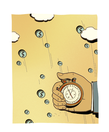 A man's hand with a stopwatch against the background of coins falling from the clouds with a dollar sign. Investment weather.の写真素材