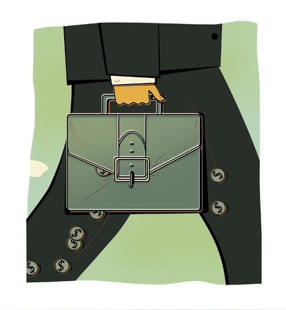 Fragment of a businessman's man's figure with a briefcase in his hand. From the portfolio coins emerge with the dollar sign. Stock marketの写真素材