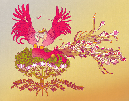 A female bird with open wings is sitting on a tree with a golden egg. Pregnancy. In a fairy-tale style. Against the background of a golden skyの写真素材