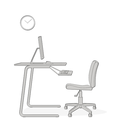 The correct organization of the computer workplace. Chair, desk, monitor, keyboard, clock. Isolated on white backgroundの写真素材